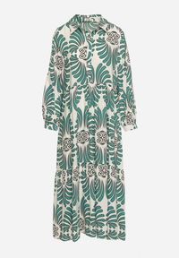 Born2be - Zielono-Biała Sukienka z Wiskozy z Podpinanymi Rękawami Zapinana na Guziki z Falbanką Kiosara. Typ kołnierza: dekolt w serek. Kolor: zielony. Materiał: wiskoza. Sezon: wiosna, lato. Styl: elegancki, klasyczny #7