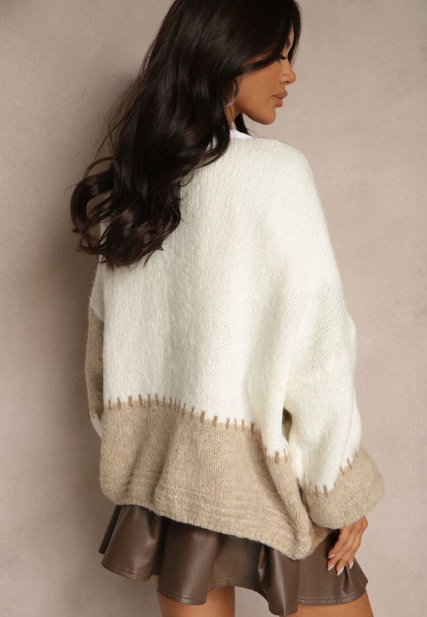 Renee - Brązowy Kardigan z Domieszką Wełny i Wiskozy w Patchworkowym Stylu Fesolinne. Okazja: na spacer. Kolor: brązowy. Materiał: wełna, wiskoza