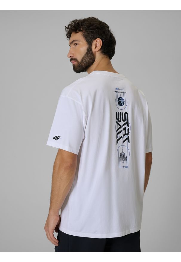 4f - 4F T-shirt loose z nadrukiem męski - biały XL. Okazja: na co dzień. Kolor: biały. Materiał: materiał, bawełna, dzianina. Wzór: nadruk. Styl: casual