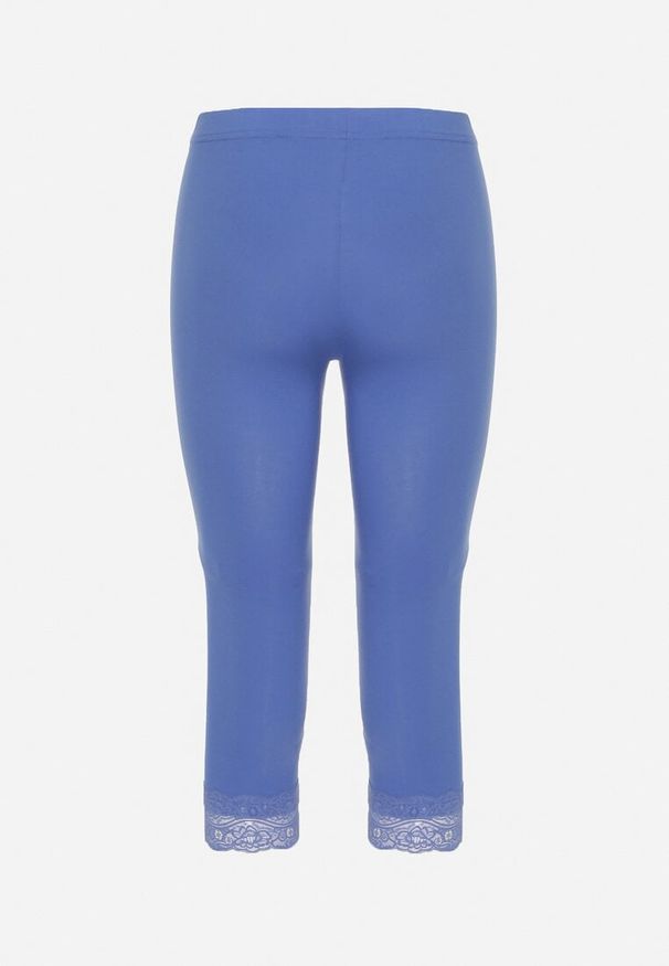 Born2be - Niebieskie Legginsy Bawełniane z Elastyczną Gumką i Koronką na Nogawkach Efrine. Kolor: niebieski. Materiał: bawełna, koronka. Wzór: koronka. Sezon: lato. Styl: klasyczny