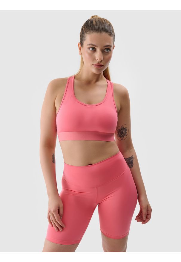 4f - 4F Legginsy kolarki treningowe z materiału z recyklingu damskie - koralowe S. Stan: podwyższony. Kolor: czerwony. Materiał: materiał. Wzór: jednolity, gładki, ze splotem. Sport: joga i pilates, fitness