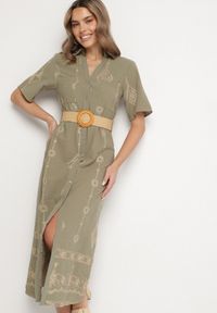 Born2be - Ciemnozielona Bawełniana Sukienka Koszulowa z Ozdobnym Paskiem i Haftem Evialisse. Okazja: na co dzień, na imprezę. Kolor: zielony. Materiał: bawełna. Wzór: haft. Typ sukienki: koszulowe. Styl: casual, elegancki #7