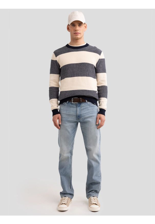 Big-Star - Sweter męski bawełniany w pasy beżowo-szare Pasador 000. Okazja: na co dzień. Kolor: wielokolorowy. Materiał: bawełna. Wzór: paski. Styl: klasyczny, elegancki, casual