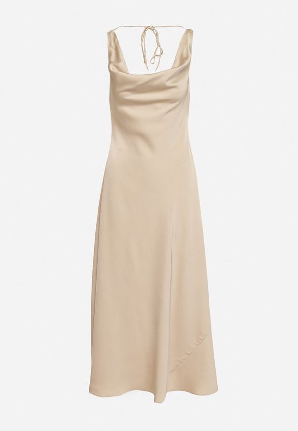 Born2be - Beżowa Sukienka Vices z Ozdobnym Tyłem i Wiązaniem Zimea. Okazja: na wesele, na randkę, na ślub cywilny, na imprezę. Kolor: beżowy. Styl: klasyczny