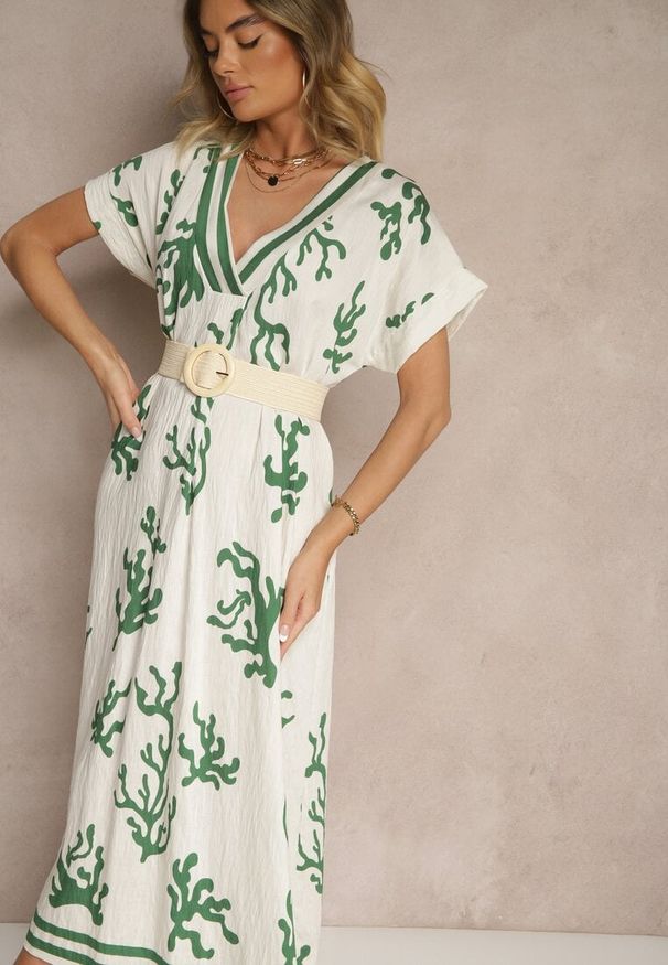 Renee - Zielono-Beżowa Pudełkowa Sukienka z Wiskozą i Lnem Sadeone. Okazja: na co dzień. Kolor: zielony. Materiał: len, wiskoza. Styl: elegancki, casual