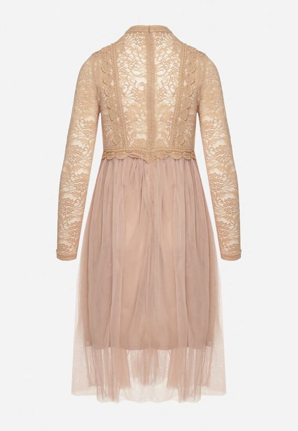 Born2be - Ciemnobeżowa Rozkloszowana Sukienka w Eleganckim Stylu Ozdobiona Koronką i Tiulem Miramelba. Kolor: beżowy. Materiał: tiul, koronka. Długość rękawa: długi rękaw. Wzór: aplikacja, koronka. Styl: elegancki
