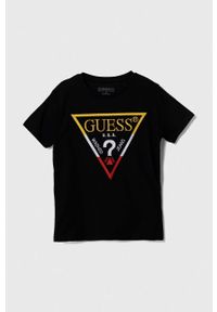 Guess t-shirt bawełniany dziecięcy kolor czarny z aplikacją. Kolor: czarny. Materiał: bawełna. Wzór: aplikacja. Styl: klasyczny #1