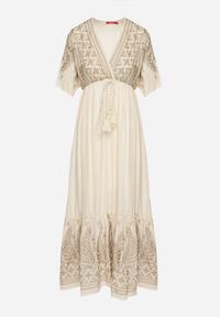 Born2be - Jasnobeżowa Wiskozowa Sukienka z Kopertowym Dekoltem i Haftem z Metaliczną Nicią Emhiris. Okazja: na co dzień. Kolor: beżowy. Materiał: wiskoza. Długość rękawa: krótki rękaw. Wzór: haft. Typ sukienki: kopertowe. Styl: casual, klasyczny #7