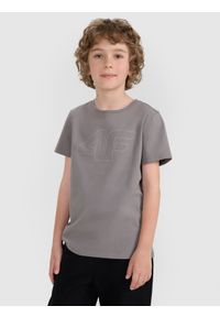 4f - 4F T-shirt regular z nadrukiem chłopięcy - szary 128 (7-8 lat). Okazja: na co dzień. Kolor: szary. Materiał: bawełna, materiał, jersey. Długość rękawa: krótki rękaw. Długość: krótkie. Wzór: nadruk. Sezon: lato. Styl: klasyczny, młodzieżowy, sportowy, casual