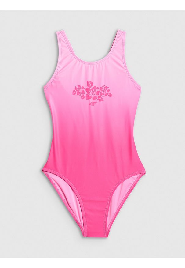 4f - 4F Kostium kąpielowy jednoczęściowy dziewczęcy - różowy 134/140 (8-10 lat). Kolor: różowy. Materiał: materiał. Wzór: nadruk