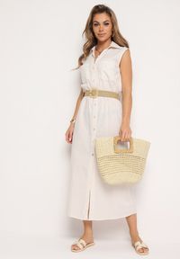 Born2be - Beżowa Bawełniana Sukienka Koszulowa z Gumką w Talii i Paskiem z Klamrą Xalorea. Kolor: beżowy. Materiał: bawełna. Wzór: paski. Typ sukienki: koszulowe #2