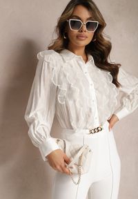 Renee - Biała Koszula z Wiskozy Ozdobiona Transparentną Siateczką Slarria. Kolor: biały. Materiał: wiskoza. Wzór: aplikacja #1