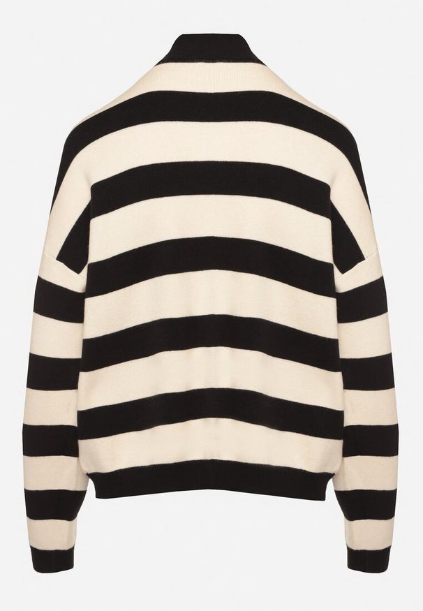 Born2be - Czarno-Beżowy Golf w Paski Ozdobiony Suwakiem Zinorae. Okazja: na co dzień. Typ kołnierza: golf. Kolor: czarny. Materiał: jeans. Wzór: aplikacja, paski. Styl: casual, elegancki