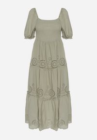 Born2be - Zielona Bawełniana Sukienka z Haftowanym Wzorem Iffanella. Okazja: na co dzień, na spacer. Kolor: zielony. Materiał: bawełna. Wzór: haft. Sezon: lato. Styl: casual, elegancki #7