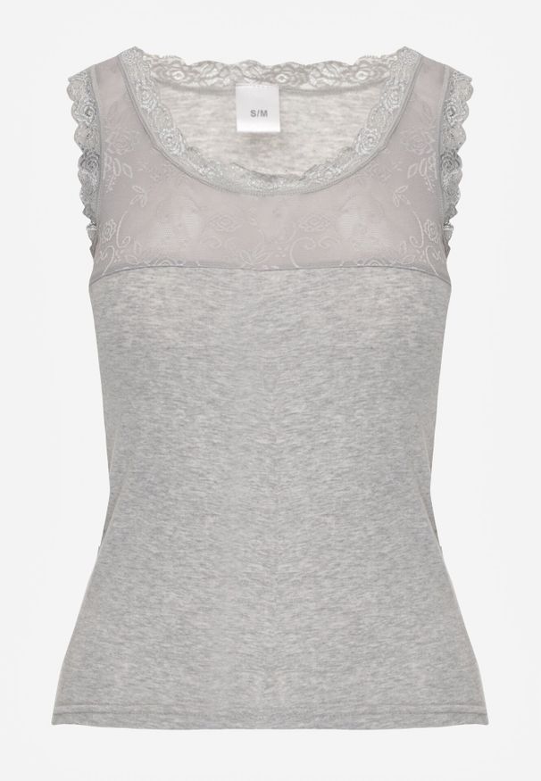 Born2be - Ciemnoszary Bawełniany Top z Koronkową Górą Beralia. Kolor: szary. Materiał: bawełna, koronka. Wzór: aplikacja