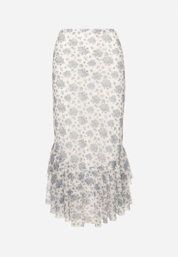 Born2be - Biało-Niebieska Spódnica o Dopasowanym Kroju Zdobiona Falbanką Efririsse. Okazja: na co dzień. Kolor: biały. Wzór: aplikacja. Styl: casual, klasyczny