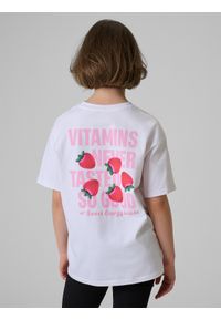 4f - 4F T-shirt loose z nadrukiem dziewczęcy - biały 146/152 (10-12 lat). Okazja: na uczelnię, na co dzień, na spacer. Kolor: biały. Materiał: materiał, bawełna, skóra, dzianina. Wzór: nadruk. Sezon: lato. Styl: casual #1