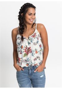 bonprix - Top shirtowy w kwiaty. Kolor: biały. Materiał: koronka. Długość rękawa: na ramiączkach. Wzór: kwiaty