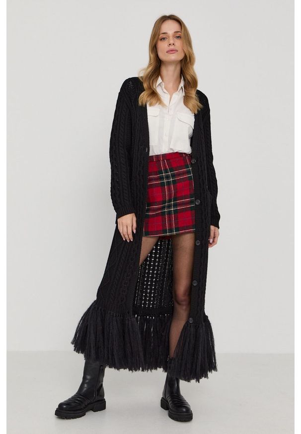 Red Valentino Kardigan damski kolor czarny ciepły. Kolor: czarny. Materiał: dzianina. Długość rękawa: długi rękaw. Długość: długie. Wzór: ze splotem