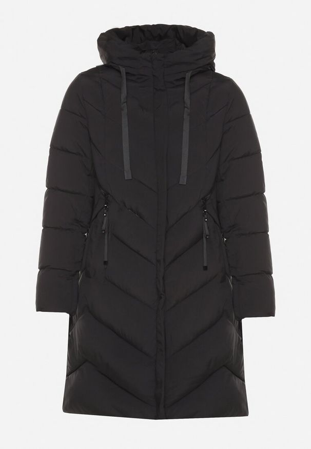 Born2be - Czarna Długa Kurtka Pikowana z Kapturem i Ozdobnymi Suwakami Hediella. Okazja: na co dzień. Typ kołnierza: kaptur. Kolor: czarny. Materiał: dzianina, jeans. Długość: długie. Styl: klasyczny, casual, elegancki