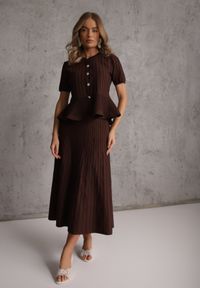 Renee - Brązowy Komplet z Wiskozą Bluzka z Guzikami i Baskinką i Spódnica Narinna. Kolor: brązowy. Materiał: wiskoza #6