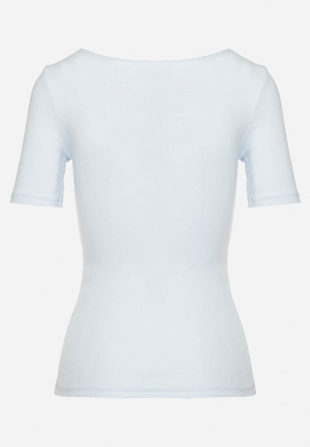 Born2be - Niebieski Prążkowany T-shirt z Bawełny Ozdobiony Guzikami Tasavia. Kolor: niebieski. Materiał: bawełna, prążkowany. Wzór: aplikacja. Sezon: lato. Styl: klasyczny
