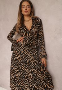 Renee - Brązowo-Czarna Sukienka Kopertowa w Zebrę Chizi. Kolor: brązowy. Materiał: materiał. Wzór: motyw zwierzęcy. Typ sukienki: kopertowe #2