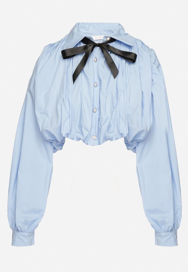 Born2be - Niebieska Bawełniana Koszula o Bufiastym Kroju z Kokardą w Stylu Retro Drulla. Okazja: na co dzień. Typ kołnierza: kokarda. Kolor: niebieski. Materiał: bawełna. Długość rękawa: długi rękaw. Długość: długie. Styl: retro