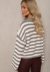 Renee - Biało-Szary Casualowy Sweter z Bawełną Ozdobiony Paskami Zinaja. Okazja: na co dzień. Kolor: biały. Materiał: bawełna. Wzór: aplikacja. Styl: casual #4