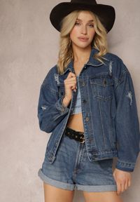 Renee - Granatowa Bawełniana Kurtka z Jeansu z Ozdobnymi Przetarciami Sunama. Kolor: niebieski. Materiał: bawełna, jeans