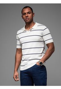 Ombre Clothing - Koszulka męska polo w poziome paski z wiskozą – biało-granatowa V2 - Rozmiar: M. Okazja: na co dzień. Typ kołnierza: polo. Kolor: biały. Materiał: wiskoza. Wzór: paski. Styl: casual #1