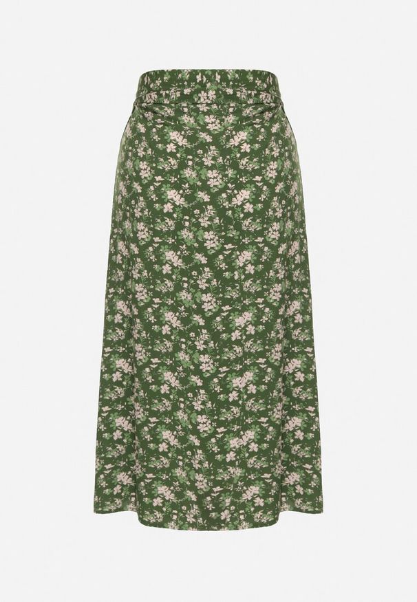 Born2be - Zielona Spódnica Wiązana w Pasie w Kwiatowy Print Ellivella. Okazja: na spotkanie biznesowe. Kolor: zielony. Wzór: kwiaty, nadruk. Styl: biznesowy, klasyczny, elegancki
