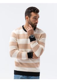 Ombre Clothing - Sweter męski w paski E189 - beżowy - XXL. Kolor: beżowy. Materiał: dzianina, bawełna. Wzór: paski. Styl: klasyczny