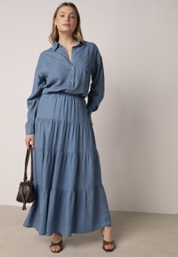 Born2be - Niebieska Rozkloszowana Spódnica z Lyocellu z Wysokim Stanem i Falbanami Emorithia. Okazja: na co dzień. Stan: podwyższony. Kolor: niebieski. Materiał: materiał. Styl: casual, klasyczny #1