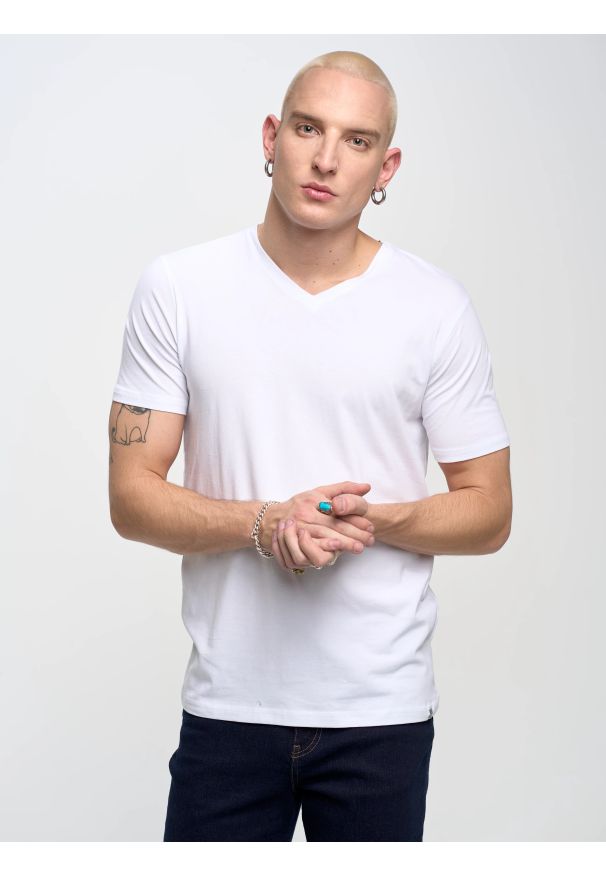 Big-Star - Koszulka męska v-neck z bawełny supima biała Supiclassicov 101. Typ kołnierza: dekolt w serek. Kolor: biały. Materiał: bawełna. Długość: długie
