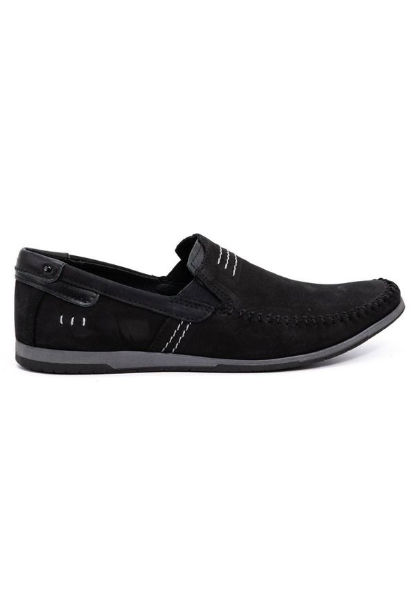 KOMODO Mokasyny męskie skórzane 876 czarny zamsz czarne. Okazja: na co dzień. Zapięcie: bez zapięcia. Kolor: czarny. Materiał: skóra, zamsz. Styl: casual