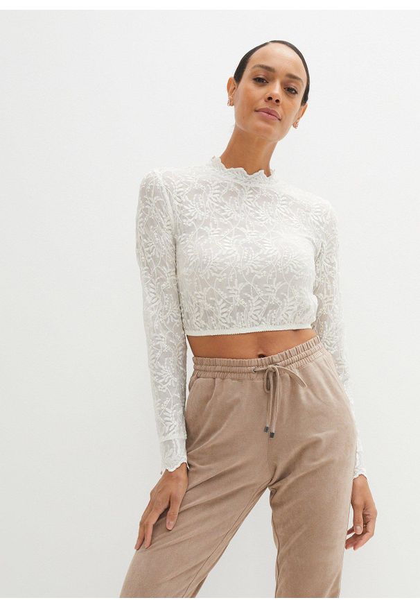 bonprix - Krótka bluzka koronkowa w ludowym stylu, długi rękaw. Kolor: biały. Materiał: koronka. Długość rękawa: długi rękaw. Długość: krótkie. Wzór: koronka