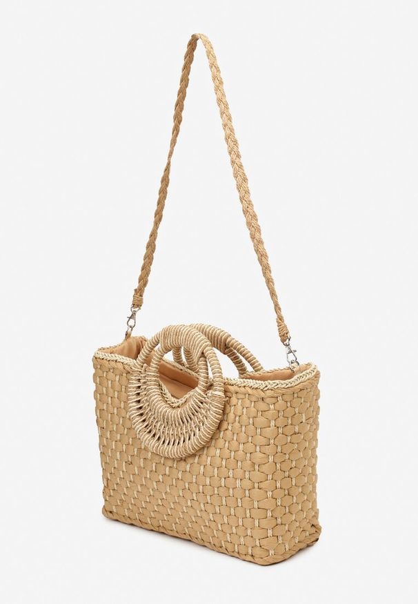 Born2be - Beżowa Pleciona Torebka z Rączkami i Paskiem na Ramię Asax. Kolor: beżowy. Styl: casual, klasyczny. Rodzaj torebki: na ramię