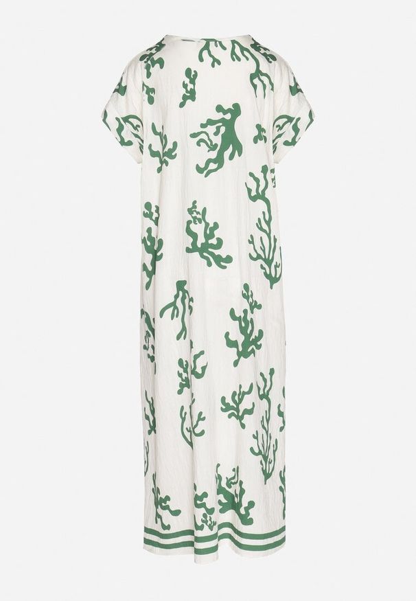 Born2be - Zielono-Beżowa Sukienka z Lnem i Wiskozą o Pudełkowym Kroju Sadirene. Okazja: na co dzień, na spotkanie biznesowe. Kolor: zielony. Materiał: wiskoza, len. Wzór: kwiaty. Sezon: wiosna, lato. Styl: biznesowy, casual, elegancki