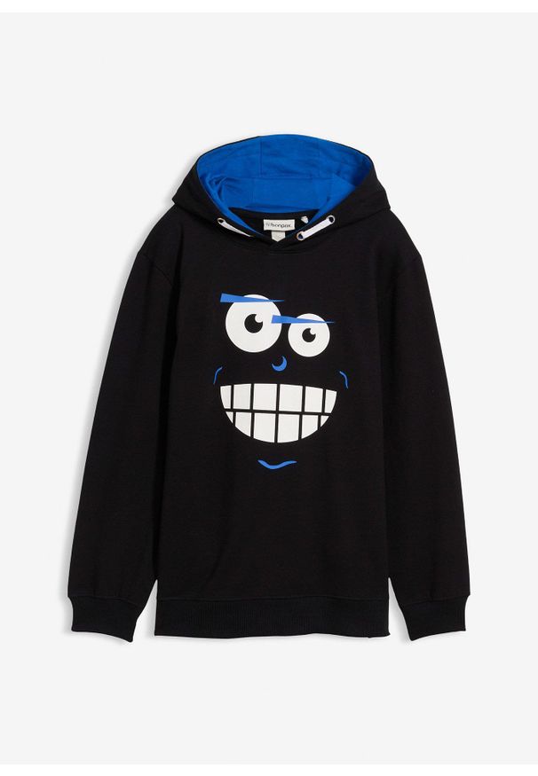 bonprix - Bluza z kapturem z czystej bawełny. Typ kołnierza: kaptur. Kolor: czarny. Materiał: materiał, bawełna. Wzór: aplikacja, nadruk