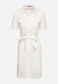 Born2be - Biała Haftowana Sukienka z Bawełny z Paskiem Elearotea. Okazja: na co dzień. Kolor: biały. Materiał: bawełna. Długość rękawa: krótki rękaw. Wzór: haft. Typ sukienki: koszulowe. Styl: casual #2