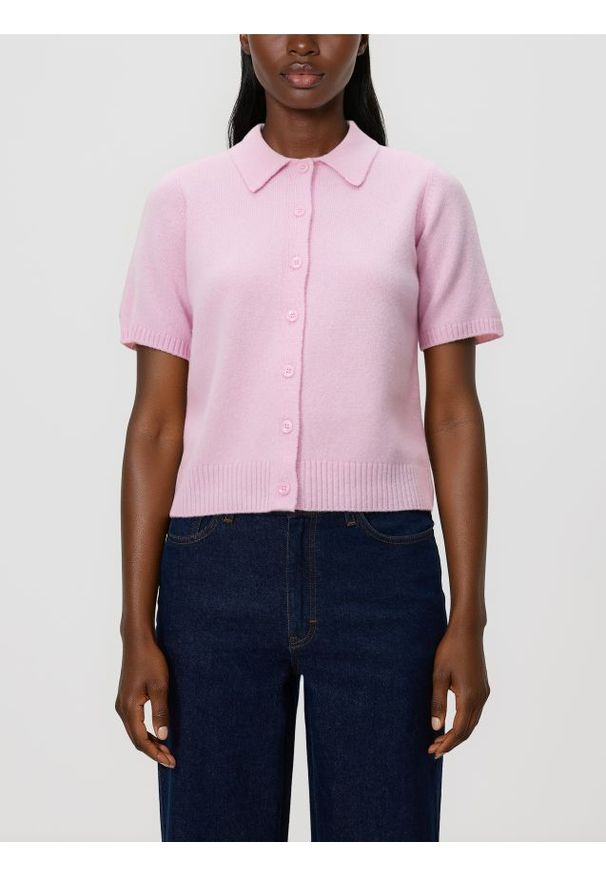Reserved - Wełniany sweter polo - pastelowy róż. Typ kołnierza: polo. Kolor: różowy. Materiał: wełna