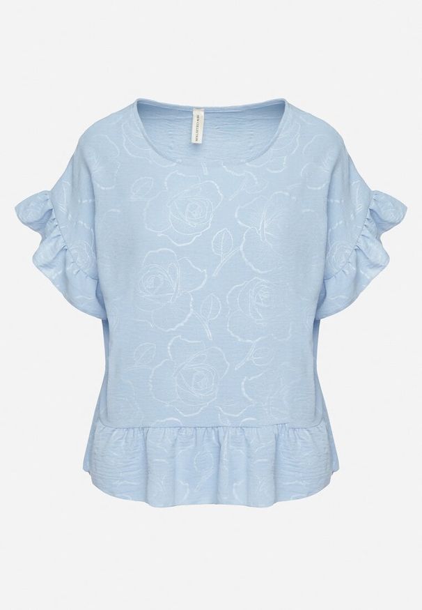 Born2be - Jasnoniebieska Bluzka o Kroju Oversize z Falbanami Livelle. Okazja: na co dzień. Kolor: niebieski. Materiał: jeans. Długość rękawa: krótki rękaw. Długość: krótkie. Styl: casual