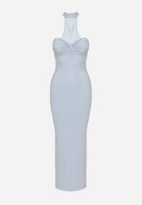 Born2be - Niebieska Sukienka z Wiskozą Zdobiona Marszczeniem i Rozcięciem Lunwena. Okazja: na ślub cywilny, na wesele, na imprezę. Kolor: niebieski. Materiał: wiskoza. Wzór: aplikacja. Styl: klasyczny #2