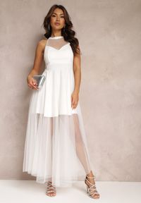 Renee - Biała Sukienka Maxi z Tiulowego Materiału z Rozkloszowanym Dołem i Usztywnionymi Miseczkami Jarissa. Okazja: na imprezę, na randkę. Kolor: biały. Materiał: materiał, tiul. Długość rękawa: bez rękawów. Typ sukienki: rozkloszowane. Długość: maxi #5