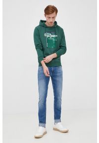Pepe Jeans bluza bawełniana męska kolor zielony z kapturem z nadrukiem. Typ kołnierza: kaptur. Kolor: zielony. Materiał: bawełna. Wzór: nadruk #5