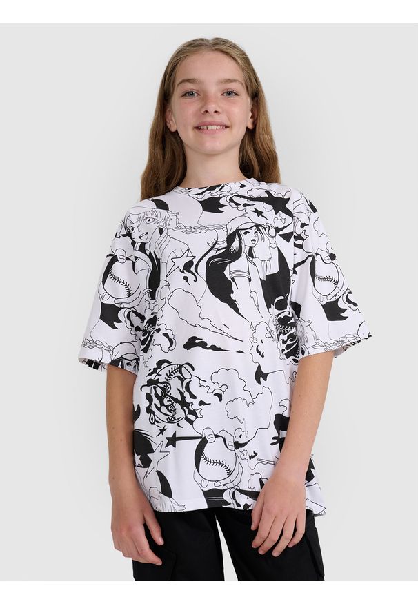 4f - 4F T-shirt oversize z nadrukiem dziewczęcy - multikolor 146 (10-11 lat). Kolor: wielokolorowy. Materiał: skóra. Wzór: nadruk. Sezon: lato