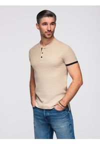 Ombre Clothing - Koszulka męska polo bez kołnierzyka - beżowa V5 - Rozmiar: XXL. Typ kołnierza: bez kołnierzyka, polo. Kolor: beżowy. Materiał: bawełna. Długość: długie