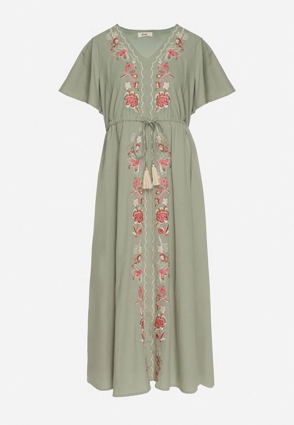 Born2be - Zielona Bawełniana Sukienka Boho o Rozkloszowanym Kroju z Haftem i Frędzlami Modixa. Okazja: na co dzień. Typ kołnierza: dekolt w serek. Kolor: zielony. Materiał: bawełna. Długość rękawa: krótki rękaw. Wzór: haft. Typ sukienki: rozkloszowane. Styl: boho