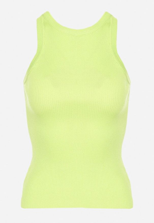 Born2be - Jasnozielony Top o Klasycznym Kroju z Prążkowanej Dzianiny Wavera. Kolor: zielony. Materiał: prążkowany, dzianina. Styl: klasyczny